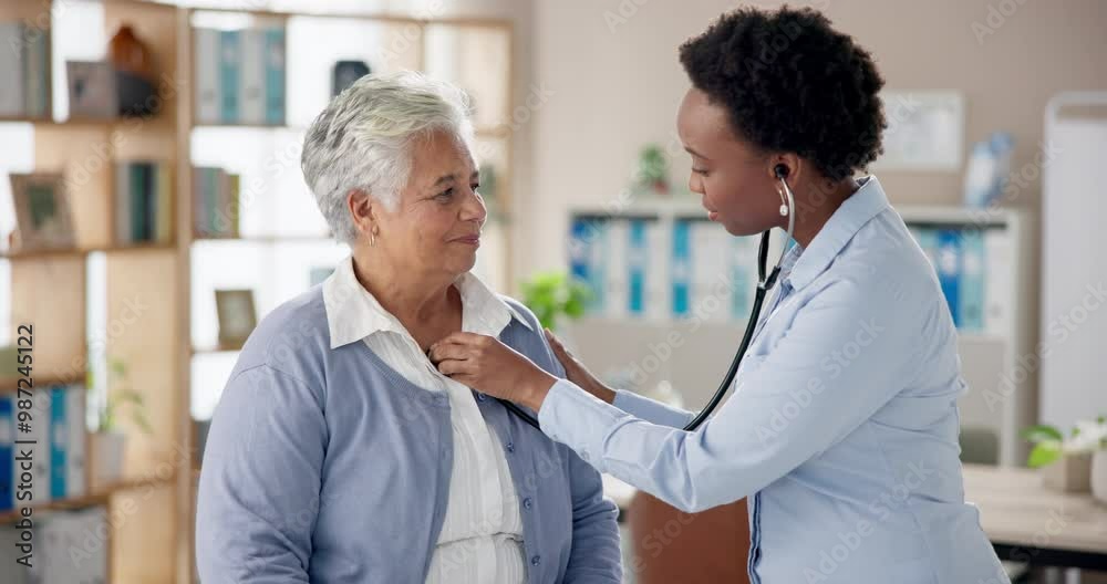 Senior woman, nurse and check heartbeat in clinic for healthcare, wellness and consultation. General checkup, elderly person and doctor in office for diagnosis, retirement care and breathing test Senior woman, nurse and check heartbeat in clinic for healthcare, wellness and consultation. General checkup, elderly person and doctor in office for diagnosis, retirement care and breathing test
