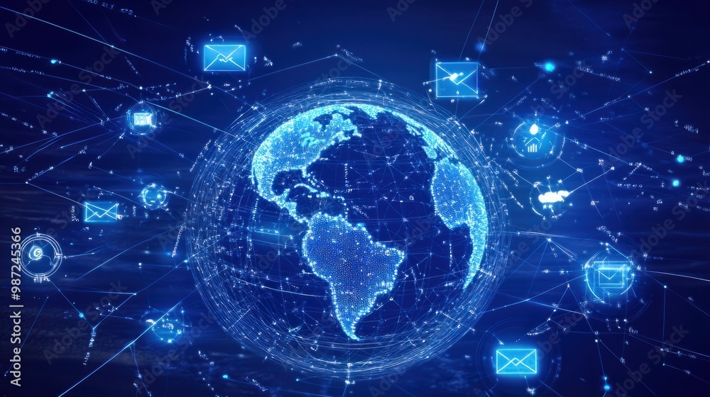 Abstract Earth surrounded by digital lines and icons for email, social media, and calls, representing global connectivity.