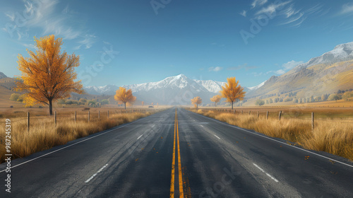 Empty Road Leading to Snowy Mountains in Autumn