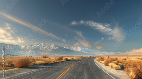 Empty Road Leading to Mountains and Blue Sky