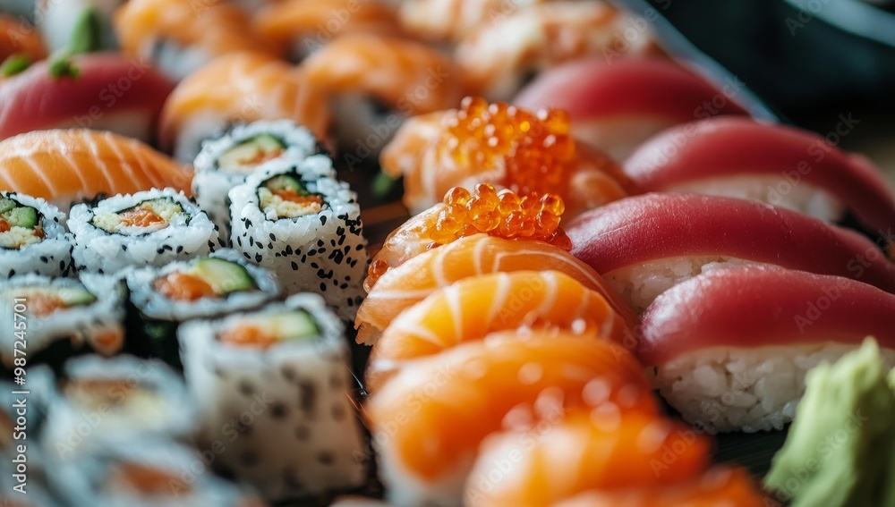 Assorted sushi rolls with salmon and caviar. Assorted sushi rolls with salmon and caviar.