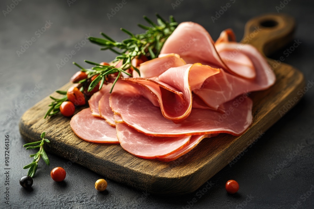Turkey ham Campana few slices over board , ai Turkey ham Campana few slices over board , ai
