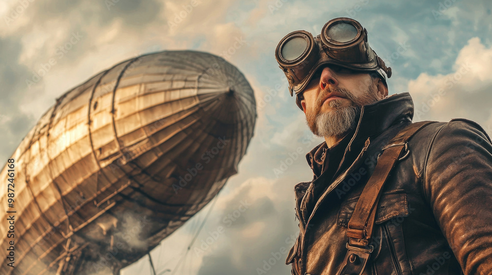 Zeppelin Man A man in a leather jacket and goggles stands in front of a giant ...