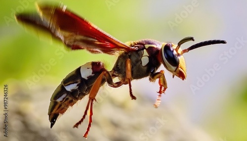 eastern cicada killer or hawk - Sphecius speciosus - is a large, solitary digger wasp species long, robust wasps with hairy, reddish. black areas on their thorax and  black and yellow stripe abdomen photo