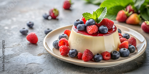 Delicious homemade panna cotta topped with fresh berries , dessert, food, sweet, creamy, Italian, delicacy, gourmet