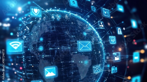 Wallpaper Mural Digital globe with icons of communication tools like email, chat, and video calls, representing global interaction. Torontodigital.ca