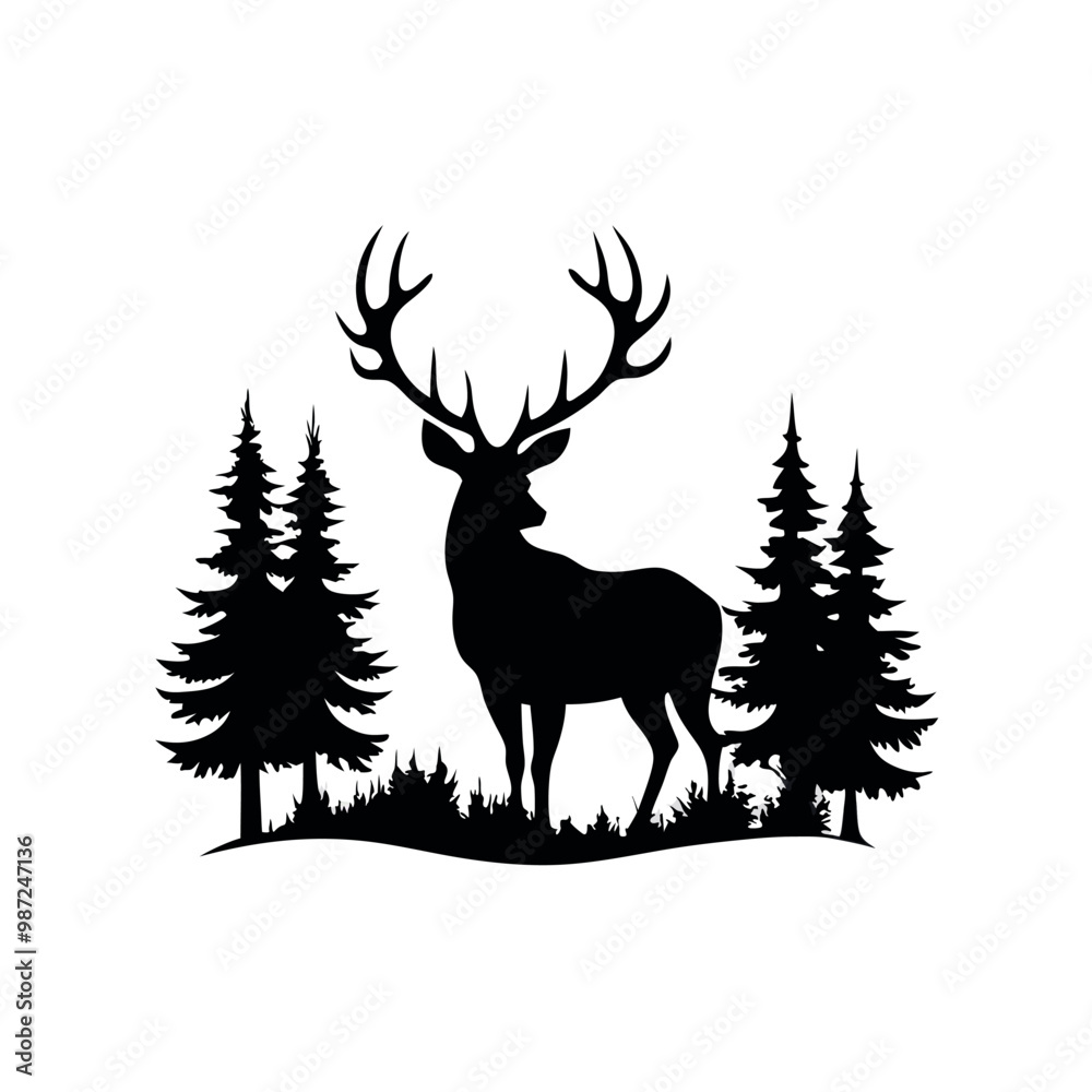 a black and white silhouette of a deer standing in the middle of a forest. vector silhouette a black and white silhouette of a deer standing in the middle of a forest. vector silhouette