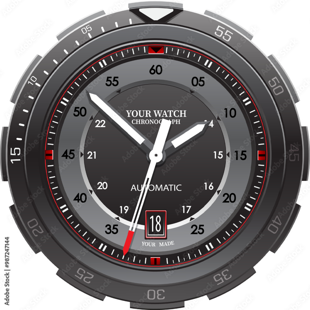 Realistic watch clock dashboard black steel face white arrow number red line on isolated collection design classic luxury vector Realistic watch clock dashboard black steel face white arrow number red line on isolated collection design classic luxury vector