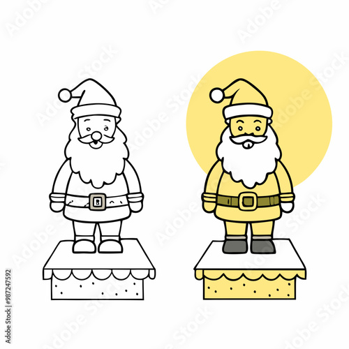 Colorful illustration of a Santa Claus figurine on a pedestal with a line art version for coloring copy space