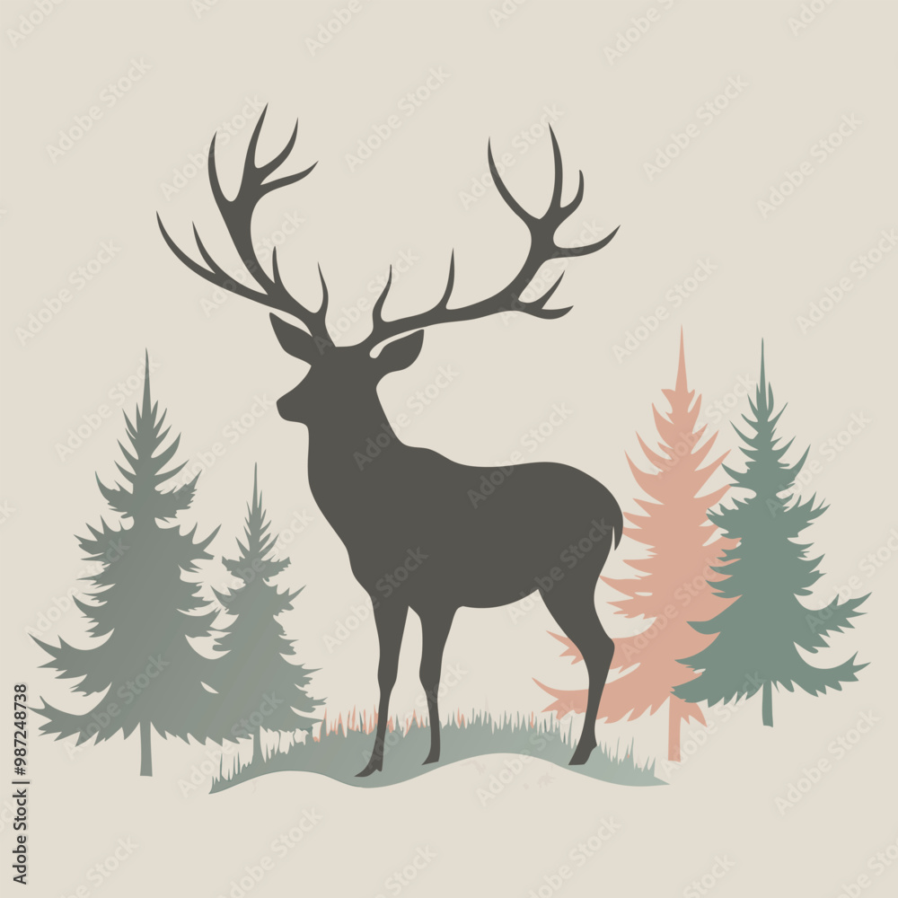 a black and white silhouette of a deer standing in the middle of a forest. vector silhouette a black and white silhouette of a deer standing in the middle of a forest. vector silhouette