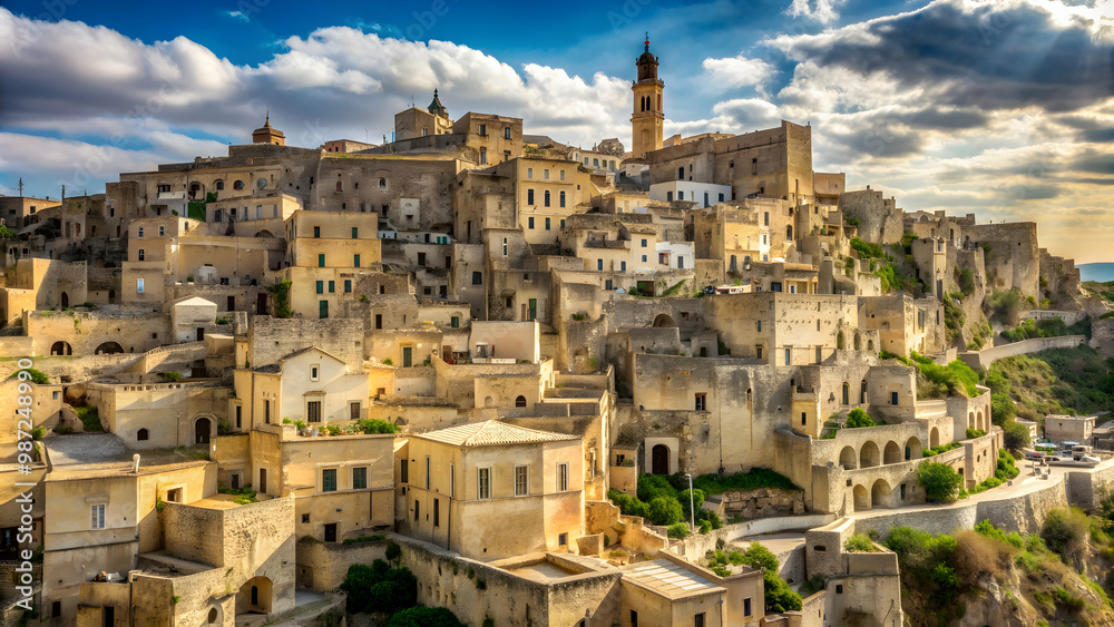 Ancient town of Matera, Sassi di Matera, in southern Italy with grotto cave buildings , Matera, Basilicata, Italy Ancient town of Matera, Sassi di Matera, in southern Italy with grotto cave buildings , Matera, Basilicata, Italy