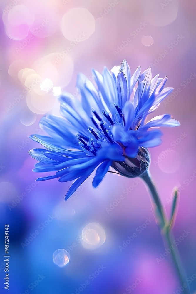 Obraz premium A tight shot of a blue bloom against a backdrop of out-of-focus light, with a softly blurred foreground