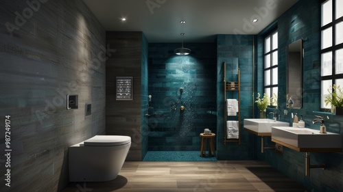 Modern bathroom with teal tiles and walk in shower running