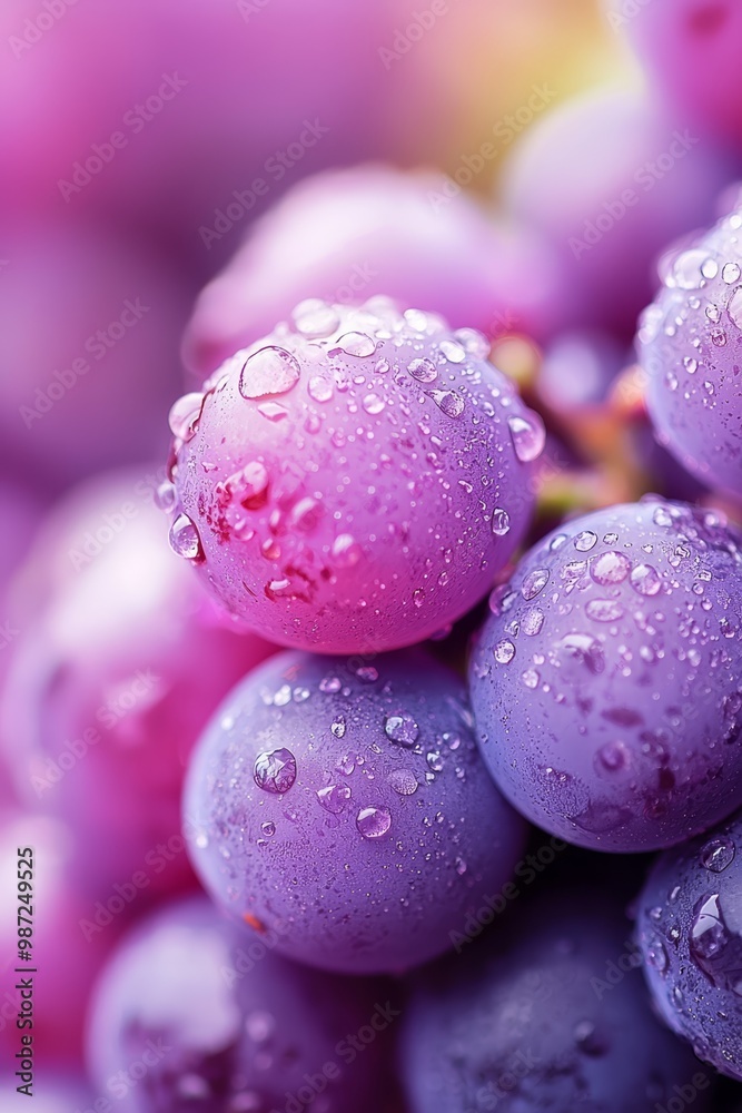 A close-up of purplish grapes, some with water drops at their tops and bottoms, reveals green stems A close-up of purplish grapes, some with water drops at their tops and bottoms, reveals green stems