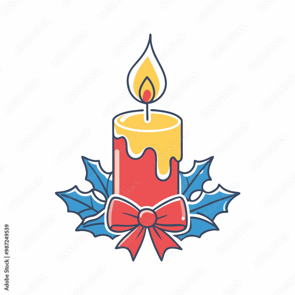 Festive candle with a ribbon and holly leaves in a colorful style, cheerful mood, holiday icon, copy space Festive candle with a ribbon and holly leaves in a colorful style, cheerful mood, holiday icon, copy space