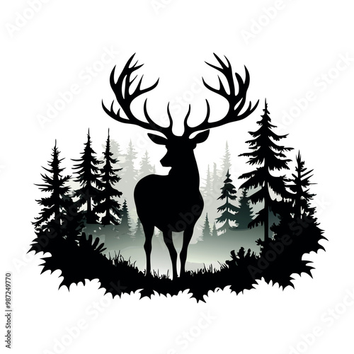 a black and white silhouette of a deer standing in the middle of a forest. vector silhouette