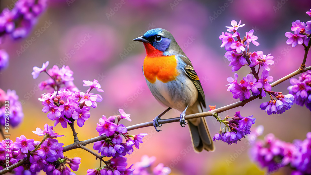 Colorful bird perched on a branch surrounded by purple flowers, bird, colorful, branch, flowers, nature, wildlife Colorful bird perched on a branch surrounded by purple flowers, bird, colorful, branch, flowers, nature, wildlife