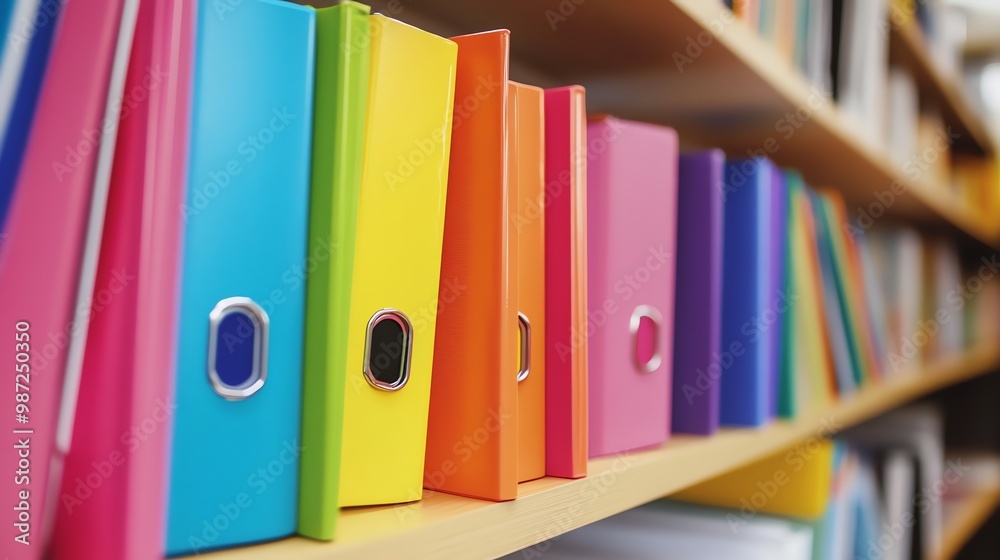 A shelf of colorful binders in a rainbow order.