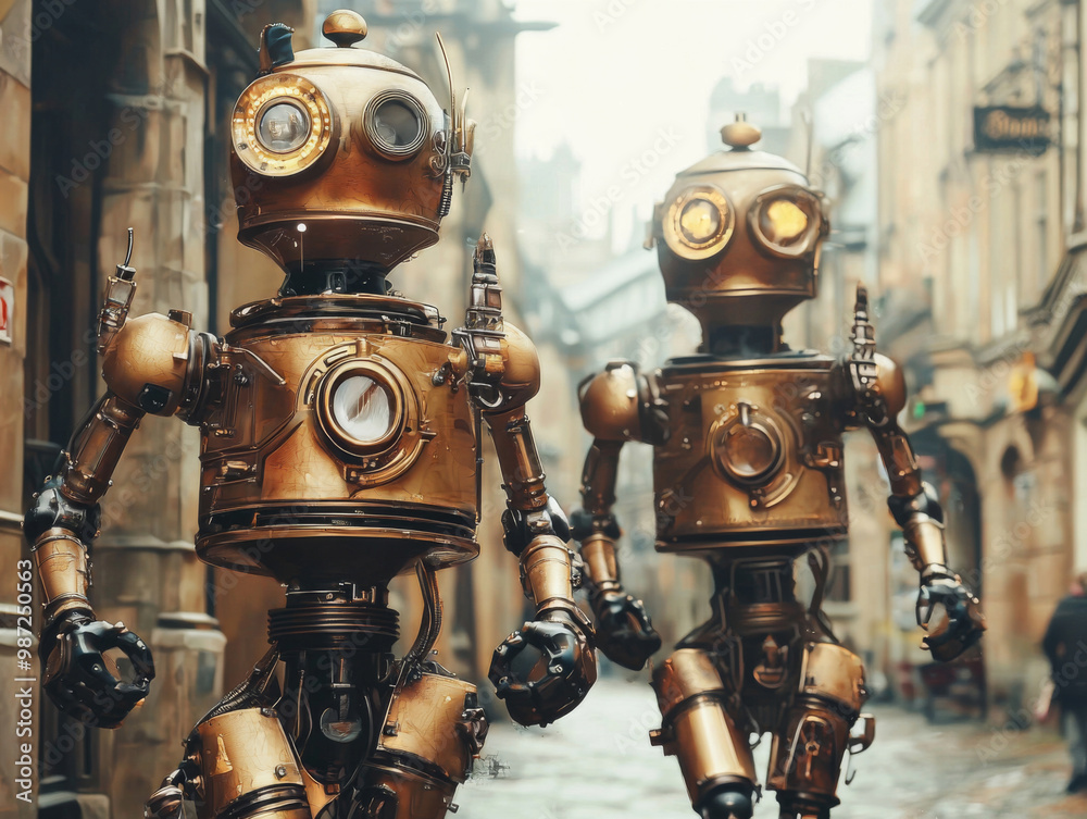 Two robots walking down a street Two robots walking down a street