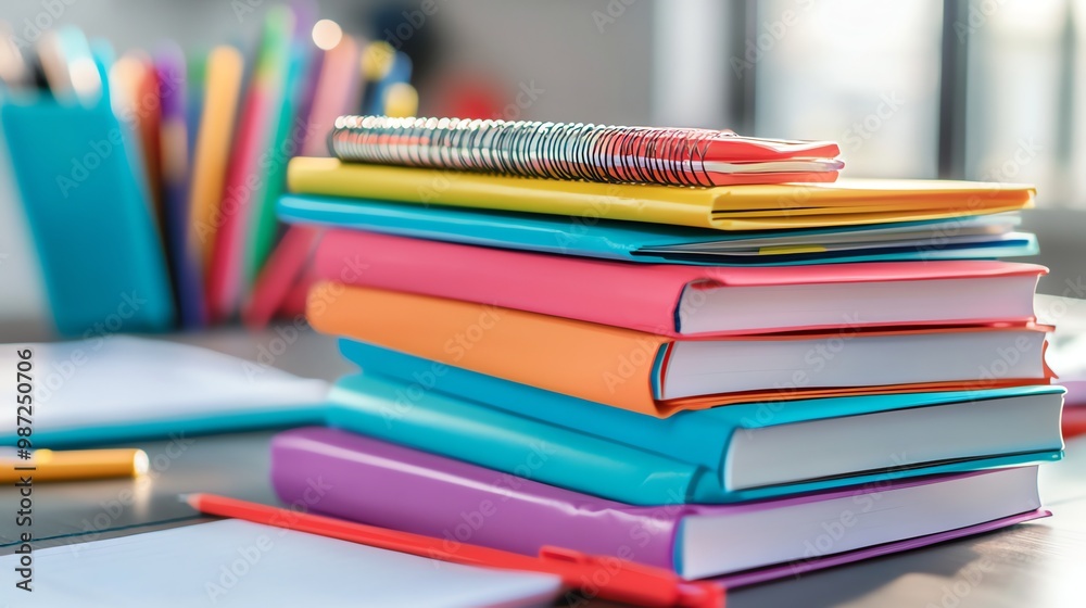A stack of colorful notebooks and a holder with pens and pencils on a wooden desk. A stack of colorful notebooks and a holder with pens and pencils on a wooden desk.