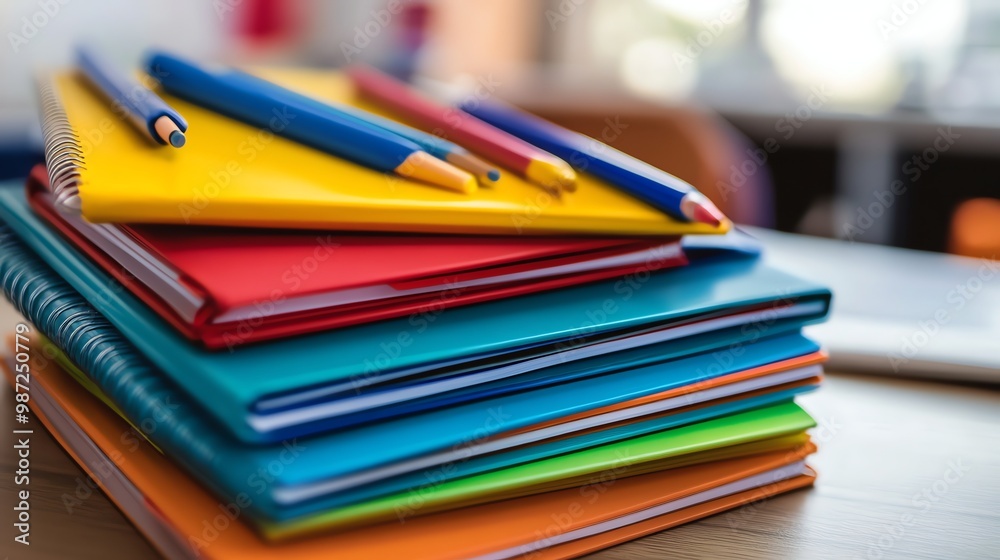 A stack of colorful notebooks and a holder with pens and pencils on a wooden desk. A stack of colorful notebooks and a holder with pens and pencils on a wooden desk.