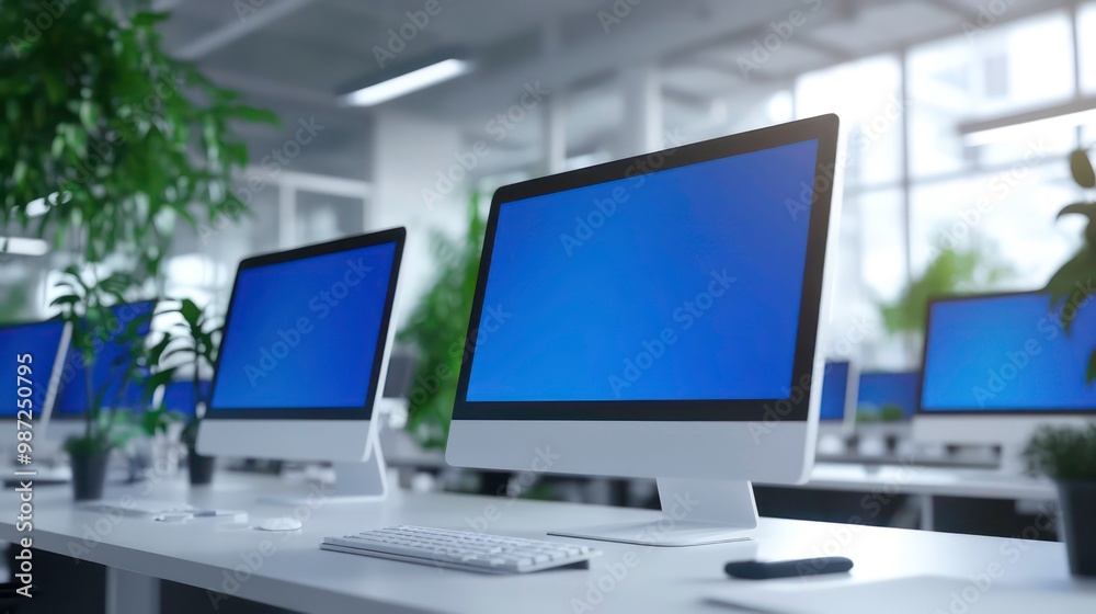 A modern office desk with a computer monitor, keyboard, and mouse, with a blue screen and plants in the background. A modern office desk with a computer monitor, keyboard, and mouse, with a blue screen and plants in the background.