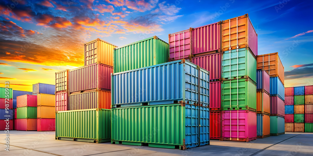 Fototapeta premium Vibrantly colored pastel cargo containers in a shipping yard, colorful, pastel, cargo containers