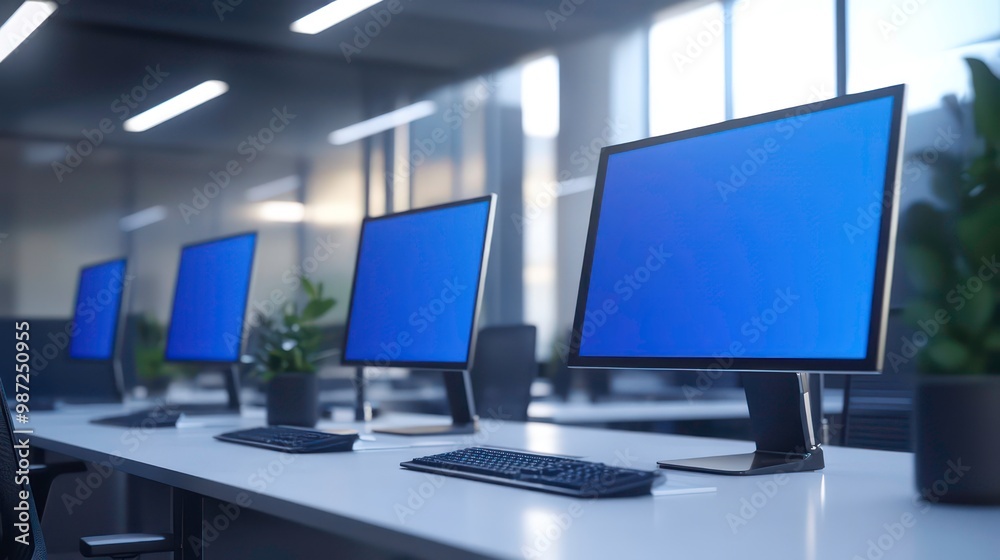 Close-up of computer monitors with blank blue screens on a white desk in a modern office setting.