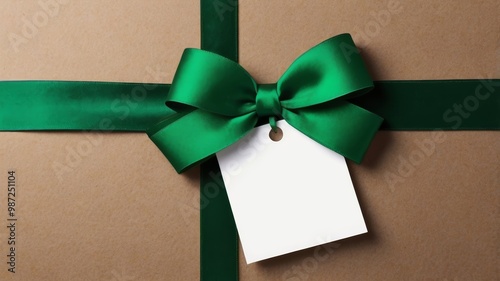 Wallpaper Mural Green ribbon forming a bow on brown paper with blank gift tag Torontodigital.ca