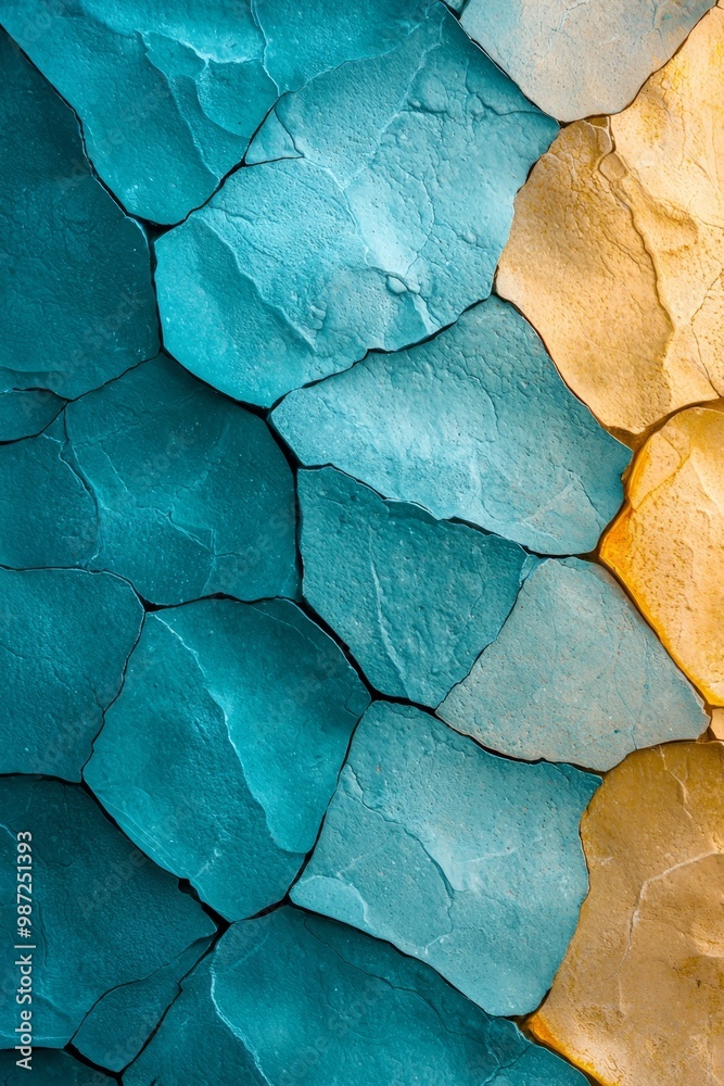 Obraz premium A tight shot of a multicolored wall - blue, yellow, green - featuring a centered cell phone