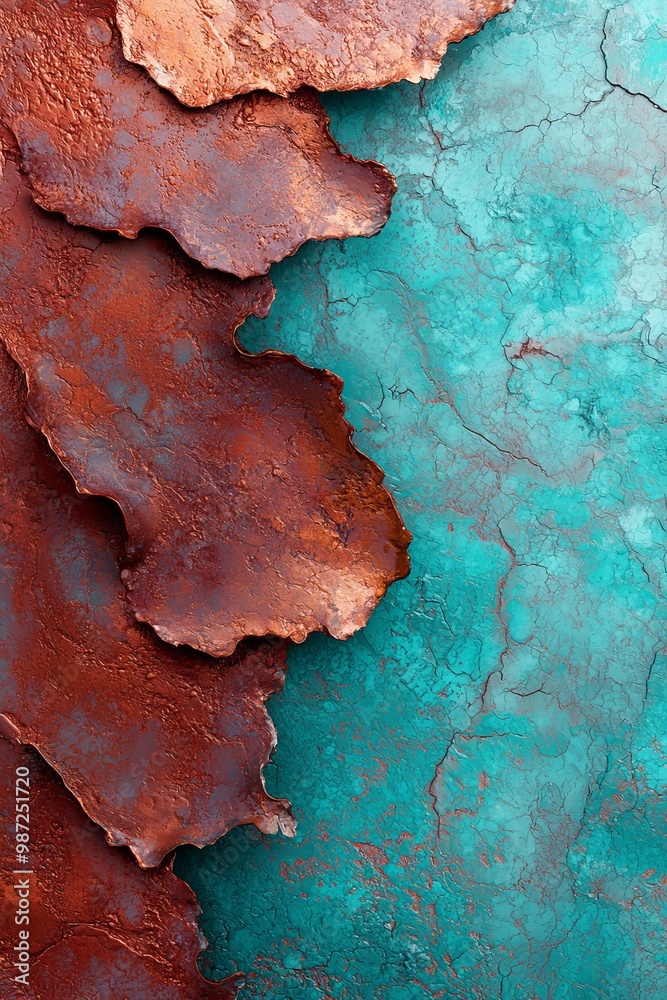  A detailed shot of a metallic surface exhibiting a blue and brown patterned texture