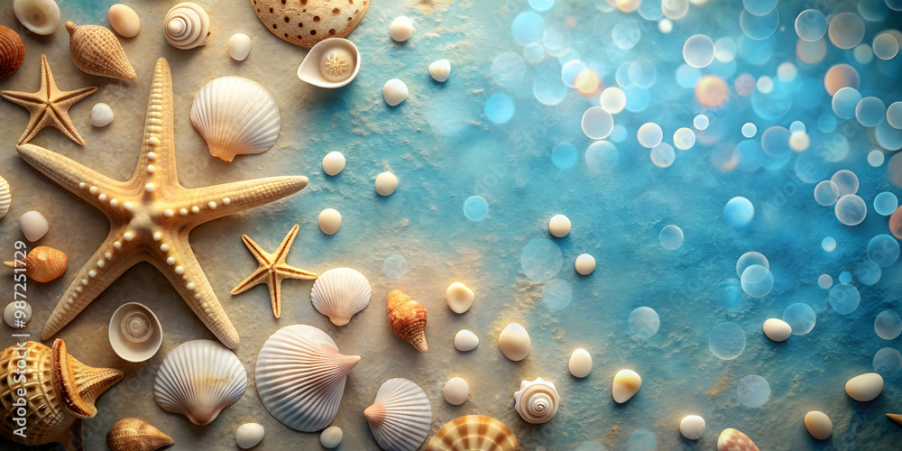 Abstract background featuring circles, sea shells, and starfish , abstract, background, shapes, circles, sea shells Abstract background featuring circles, sea shells, and starfish , abstract, background, shapes, circles, sea shells