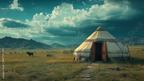 Kazakh steppe on the background of a yurt and small mountains.