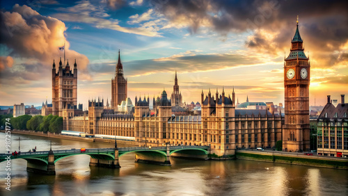London cityscape with iconic Big Ben in the foreground , London, cityscape, architecture, skyline, landmark, England, travel