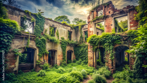 Vintage pictures of ruins showcasing abandoned buildings, overgrown with vegetation