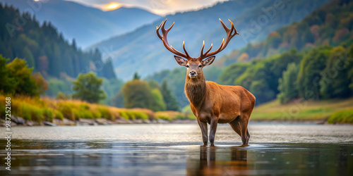Fototapeta Naklejka Na Ścianę i Meble -  Red Deer stag standing in the river with Carpathian Mountains in the background , Red Deer, stag, river, Carpathian Mountains