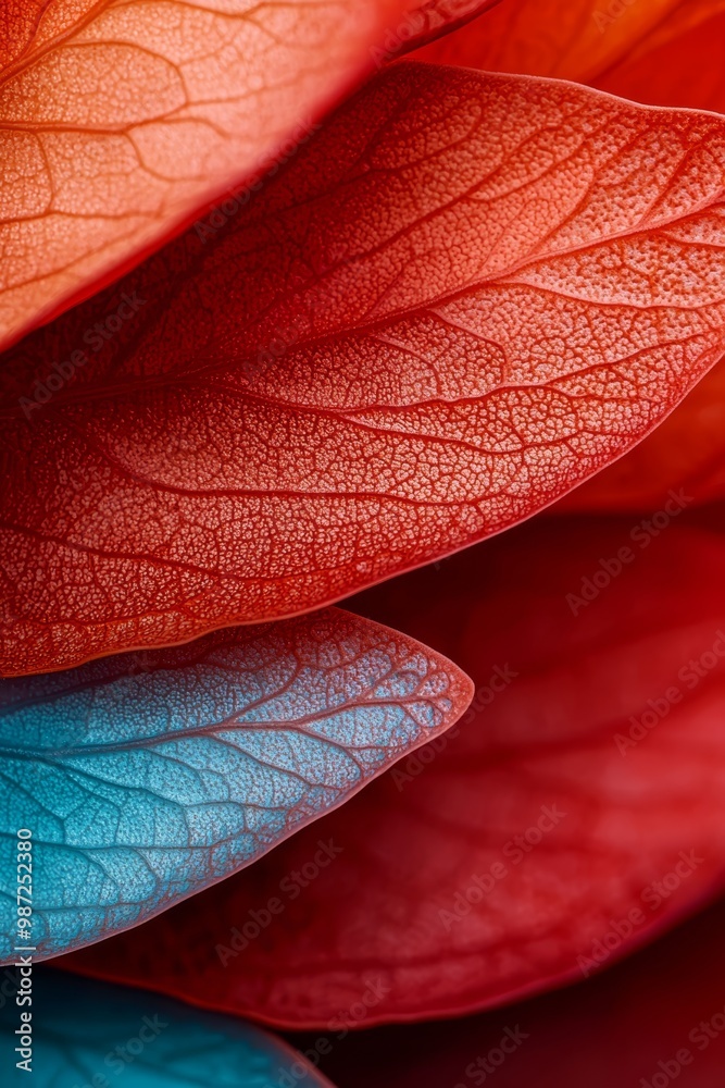 Fototapeta premium A tight shot of red, blue, and green leaves' centers, softly focused