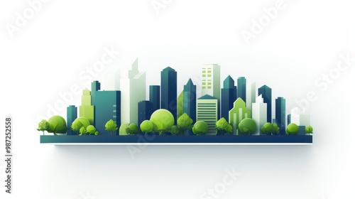 Colorful modern cityscape with trees and greenery in view