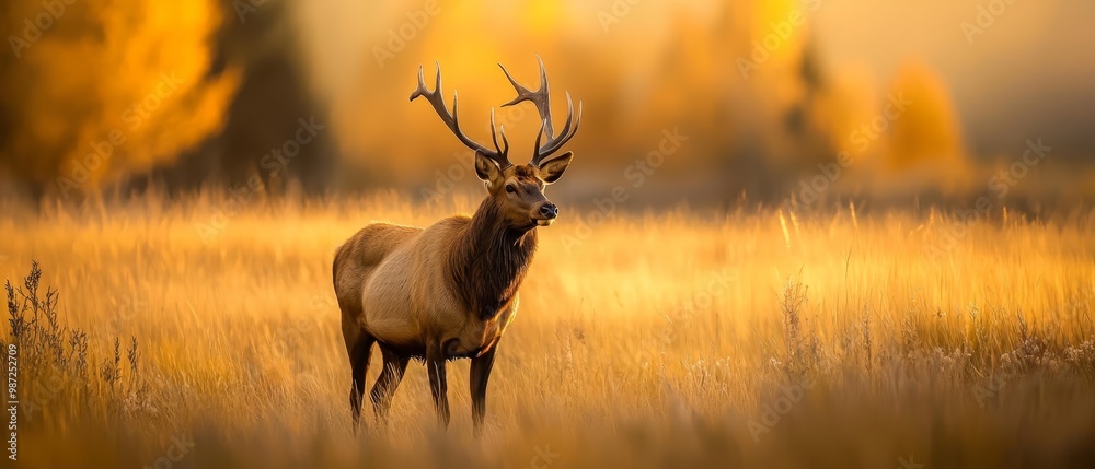 Fototapeta premium A deer, adorned with antlers, stands amidst a field of tall grass In the background, trees cast long shadows The foreground reveals golden stretches of grass