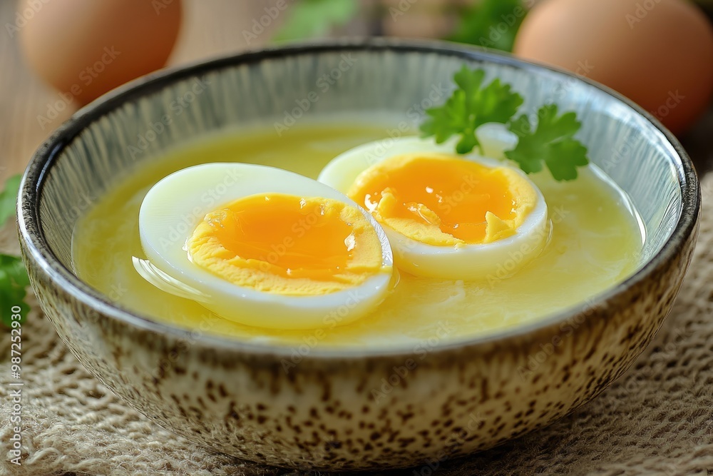 Boiled chicken egg for breakfast without eggshell in the bowl , ai Boiled chicken egg for breakfast without eggshell in the bowl , ai