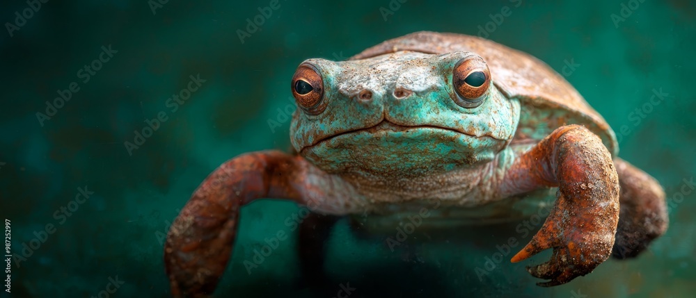 Fototapeta premium A frog's face, tightly framed, with a blurred background and a green wall in its depths