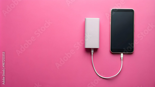 Smartphone charging with power bank on pink background. Flat lay, smartphone, charging, power bank, pink, background, technology