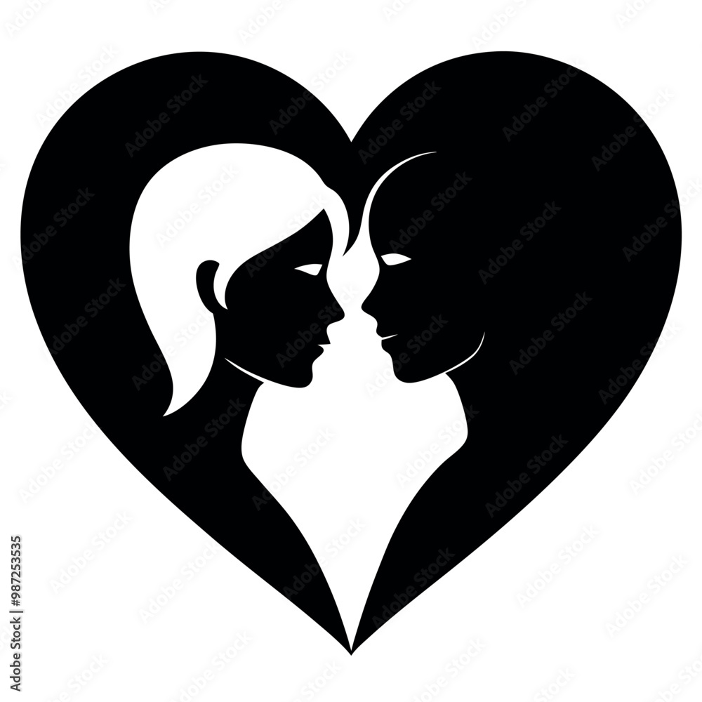 a black silhouette of a couple in a heart shape. The couple is facing each other and their faces are close together vector silhouette a black silhouette of a couple in a heart shape. The couple is facing each other and their faces are close together vector silhouette