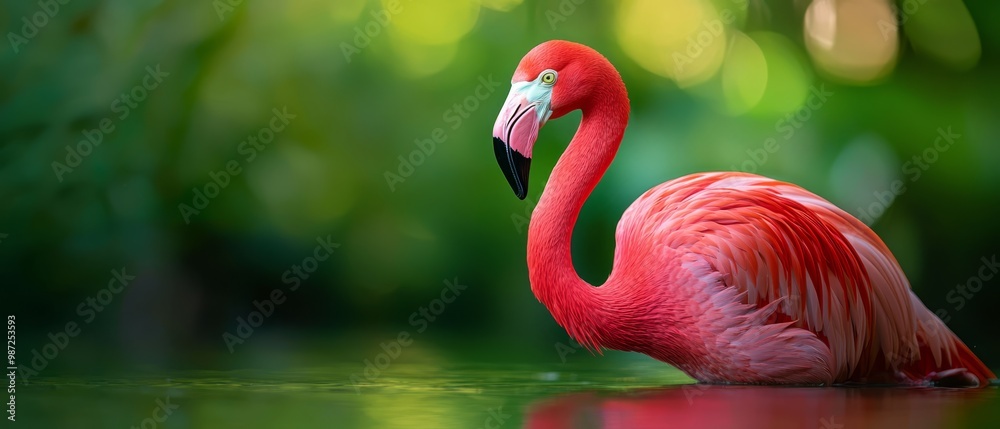 Obraz premium A tight shot of a pink flamingo by a body of water Surrounding background of trees and bushes softly blurred