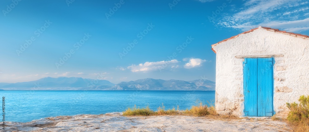 A tiny white building, crowned with a blue door, perches atop a cliff overlooking a vast body of water A tiny white building, crowned with a blue door, perches atop a cliff overlooking a vast body of water