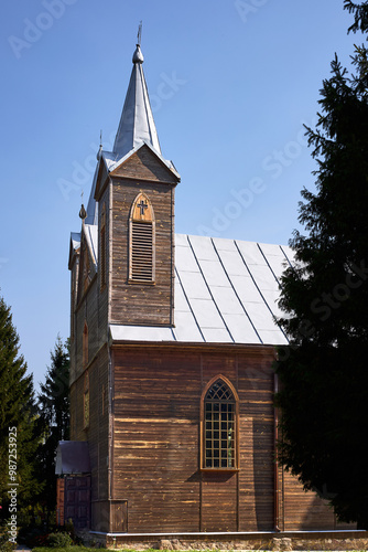 Church of the Holy Apostle Jude in Privalka. Wooden Roman Catholic church Privalka village Grodno region, Belarus. An architectural monument.