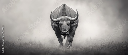  A monochrome image of a bull in a field of towering grasses beneath a gray sky