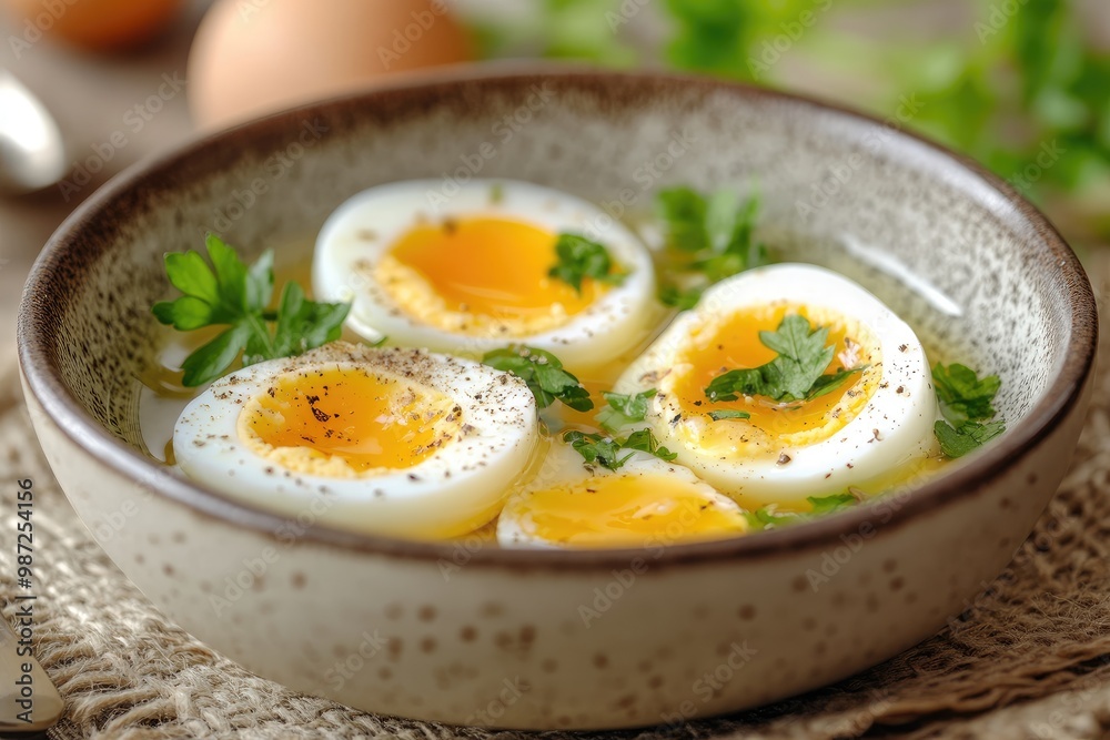 Boiled chicken egg for breakfast without eggshell in the bowl , ai Boiled chicken egg for breakfast without eggshell in the bowl , ai