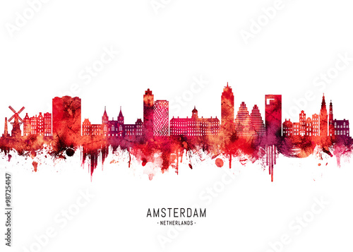 Canvas Print Amsterdam Netherlands Skyline Red