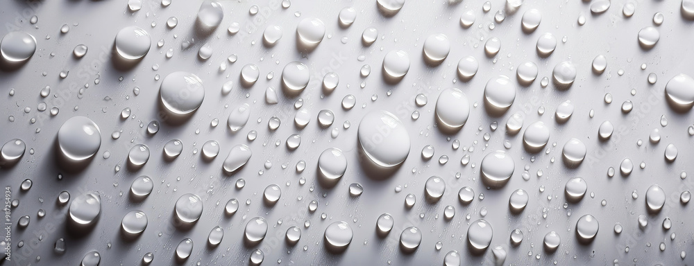 Macro shot of water droplets on a surface. Panorama with copy space.